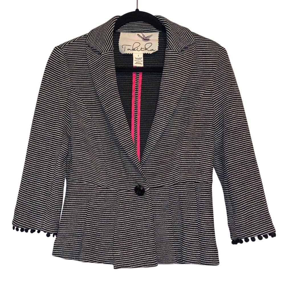 Tabitha Textured Blazer Small Black White Striped Pom Trim Anthropologie